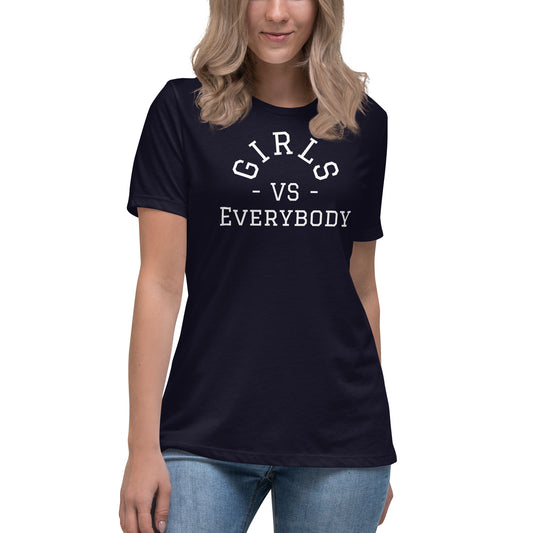 Best women's navy short sleeve graphic tee shirt that says "Girls VS Everybody"