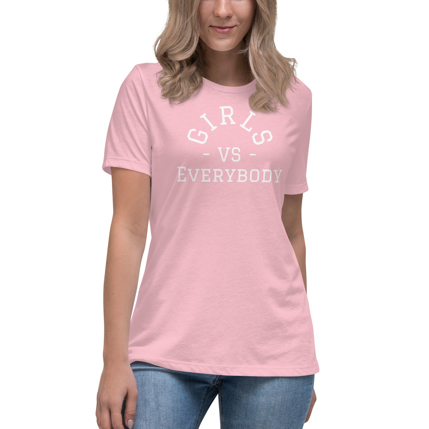 Best women's pink short sleeve graphic tee shirt that says "Girls VS Everybody"