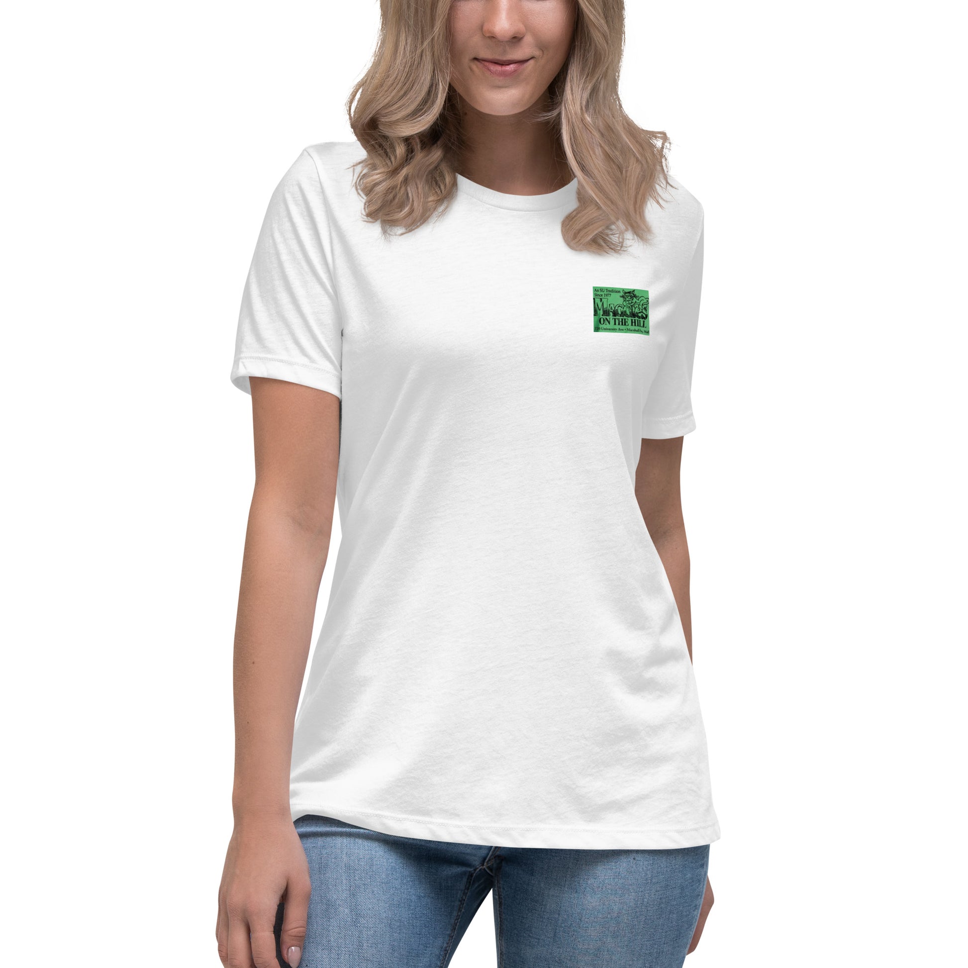 Women's white crew neck graphic tee shirt